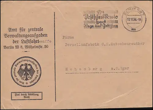 Libre par remplacement Office des tâches administratives de l'aviation BERLIN 17.11.1936