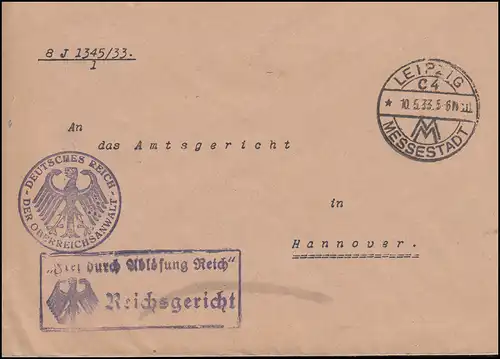 Frei durch Ablösung Reich Reichsgericht Brief SSt LEIPZIG MESSESTADT 10.5.1933