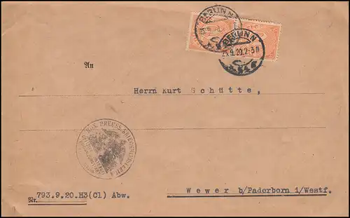 20 Dienstmarke als MeF auf Brief Kriegsministerium BERLIN 25.9.1920 nach Wewer