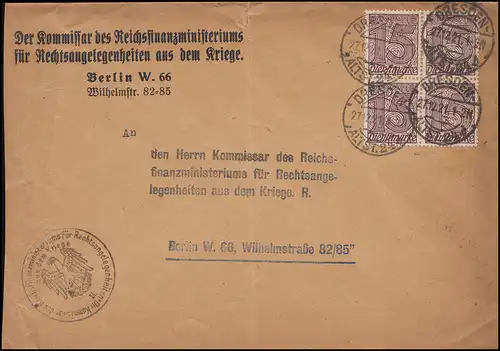 25 Dienstmarke als MeF auf Rückumschlag Reichfinanzministerium DRESDEN 27.12.21