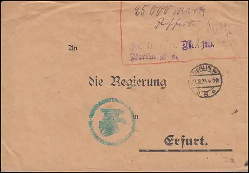 Infla-Brief Ministerium Wissenschaft Kunst Bildung BERLIN 27.8.1923 nach Erfurt