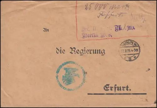 Infla-Lettre Ministère des Sciences Arts Education BERLIN 27.8.1923 après Erfurt