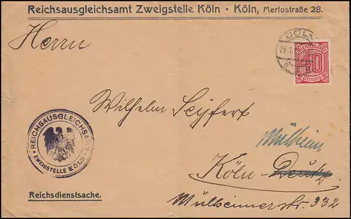 Affaire de service public 28 Service EF sur lettre Reichsbegelsamt CÖLN 25.1.1921