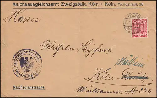 Reichsdienstsache 28 Dienstmarke EF auf Brief Reichsausgleichsamt CÖLN 25.1.1921