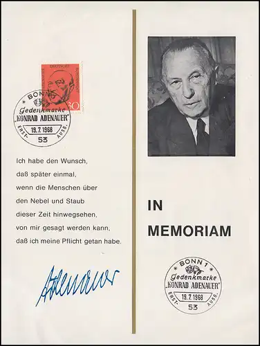 Faltkarte IN MEMORIAM Adenauer 567 mit ESSt und Block 4 mit SSt Bonn 19.7.1968
