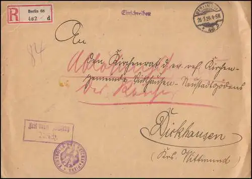 Frei durch Ablösung Reich Kontrolle der Reichspapiere R-Brief BERLIN 26.3.1926