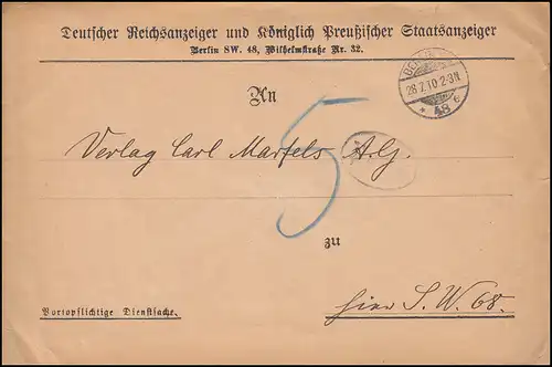 Affaire de service Deutscher Reichsmarkt Tabernacle Prussien Staatsmarkter BERLIN 28.7.1910