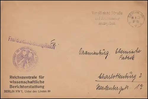 Frei durch Ablösung Reichszentrale für Berichterstattung Brief BERLIN 14.1.1932