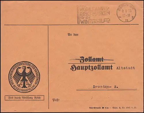 Frei durch Ablösung Reichsmonopolamt für Branntwein BERLIN 8.11.33 nach Dresden