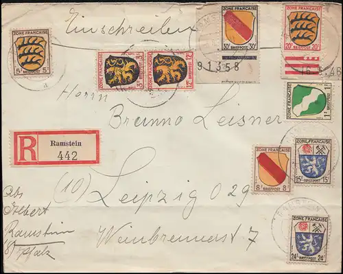 1ff blason-Frankatur avec 8 Br u sur lettre R RAMSTEIN 3.8.46 vers Leipzig 13.8.46