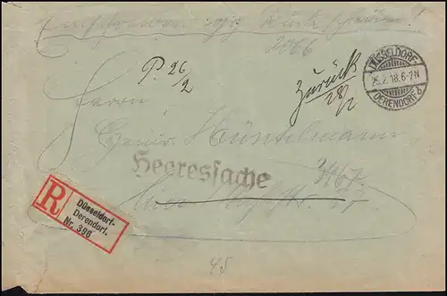 Heeressache Bezirkskommando Düsseldorf R-Brief DÜSSELDORF-DERENDORF 25.2.1918