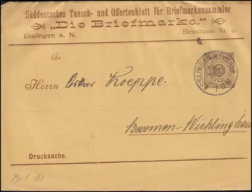 Württemberg PS 2 Ziffer Drucksache Die Briefmarke ESSLINGEN-BAHNHOF 14.3.1895