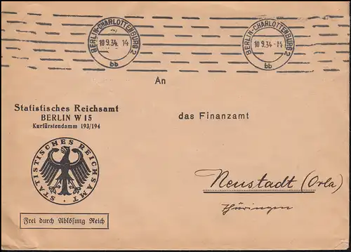 Frei durch Ablösung Statistisches Reichsamt BERLIN 10.9.1934 nach Neustadt/Orla