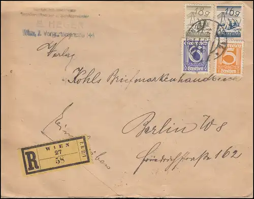 451+452+457+458 Freimarken-Frankatur R-Brief WIEN 16.11.25 nach BERLIN 17.11.25