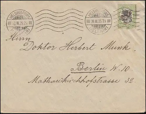 89A Armoiries Löwe im Eirund 2 M en tant qu'EF sur lettre HELSINKI 20.3.1925 à Berlin