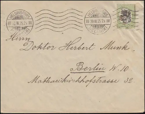 89A Wappen Löwe im Eirund 2 M als EF auf Brief HELSINKI 20.3.1925 nach Berlin