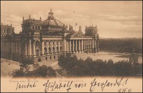 AK Gruss aus Berlin Reichstagsgebäude mit Germania 5 Pf. BERLIN 50 - 5.7.04