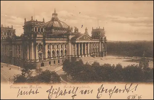 AK Gruss de Berlin Reichstagsbäusung mit Germania 5 Pf. BERLIN 50 - 5.7.04
