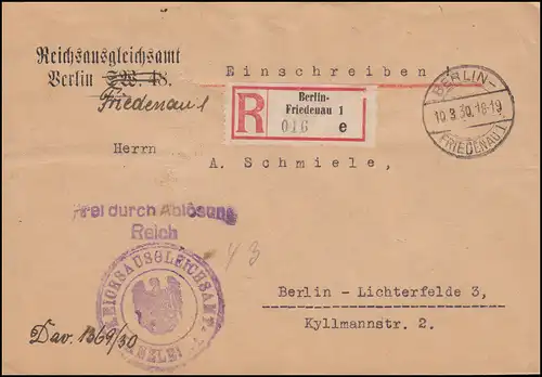 Frei durch Ablösung Reichsausgleichsamt R-Brief BERLIN-FRIEDENAU 10.3.1930 