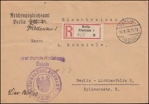 Libre par remplacement Office de péréquation des Reichs R-Lettre BERLIN-FRIEDENAU 10.3.1930