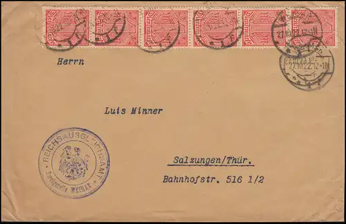 30 Dienstmarke 1 Mark als MeF auf Brief Reichsausgleichsamt WEIMAR 27.10.1922 