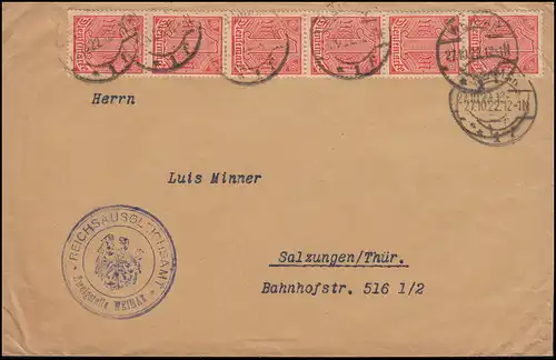 30 Dienstmarke 1 Mark als MeF auf Brief Reichsausgleichsamt WEIMAR 27.10.1922