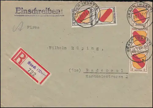 4+10 Blagues gratuites 8+30 Pf comme MiF sur lettre R Not-R-Zettel URACH 20.1.1947
