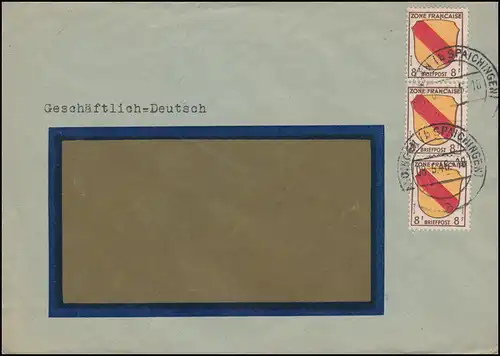 4 Armoiries de marque libre 8 Pf comme MeF sur lettre ALDINGEN chez Spaichingen 8.5.1946