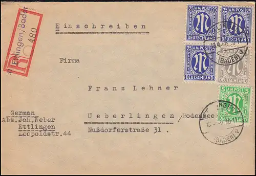 2+3+9+ AM-Post als MiF auf R-Brief Not-R-Zettel ETTLINGEN (BADEN) 13.4.1946