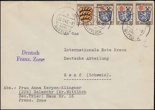 3+7 Freimarken Wappen 5+15 Pf MiF Auslandsbrief SALMROHR über WITTLICH 25.2.1947