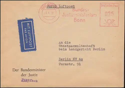 AFS Bundes-Justizministerium Luftpost-Brief DEUTSCHE POST BONN 3.4.1951 - Berlin