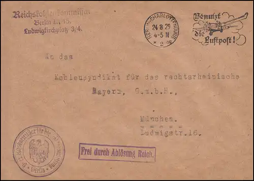 Frei durch Ablösung Reichskohlenkommissar BERLIN-CHARLOTTENBURG Luftpost 24.8.29
