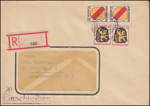 6+10 Freimarken Wappen 12+30 Pf MiF auf R-Brief Not-R-Zettel MEERSBURG 7.12.1947