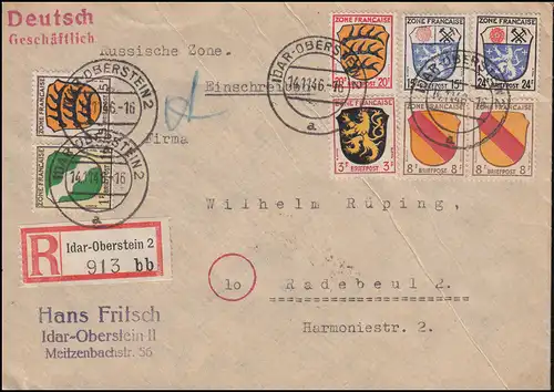 1ff Blasphèmes-Frankatur 1, 3, 5, 8, 20, 24 Pf. MiF R-Lettre IDAR-OBERSTEIN 14.11.46
