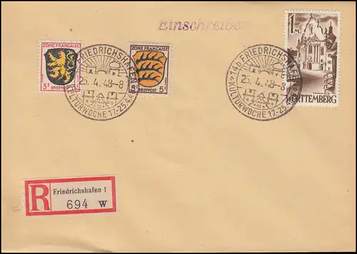 13 Zwiefalten mit Wappen 3 und 5 Pf Blanko-R-Brief SSt FRIEDRICHSHAFEN 25.4.1948