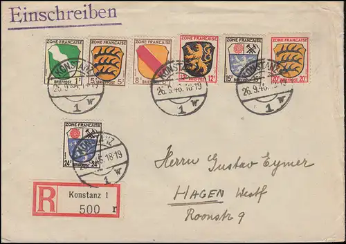 1ff Wappen-Frankatur 1, 5, 8, 12, 15, 20 und 24 Pf auf R-Brief KONSTANZ 26.9.46