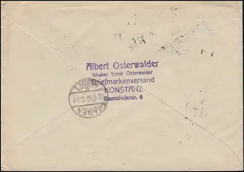 1ff blason-Frankatur 1, 5, 8, 12, 15, 20 et 24 Pf sur lettre R CONSTANZ 26.9.46