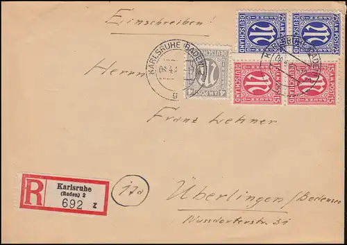 2+8+9 AM Post MiF sur lettre R de KARLSRUHE (BADE) 8.4.1946 après AUVERLINGEN 10.4.46