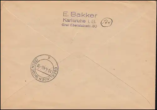 2+8+9 AM Post MiF sur lettre R de KARLSRUHE (BADE) 8.4.1946 après AUVERLINGEN 10.4.46