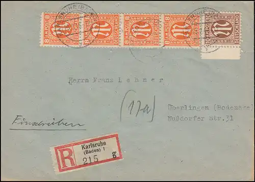 5+6 AM-Post MiF auf R-Brief KARLSRUHE (BADEN) 23.2.1946 nach ÜBERLINGEN 25.2.