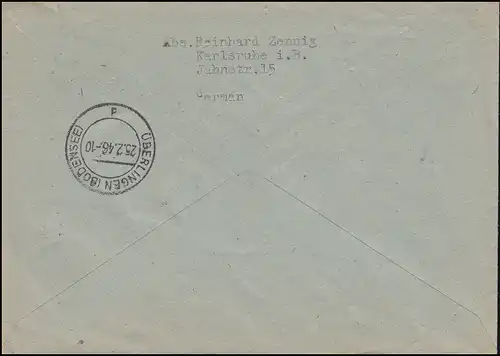 5+6 AM-Post MiF sur lettre R de Karlsruhe (BADE) 23.2.1946 après AURLINGEN 25.2.
