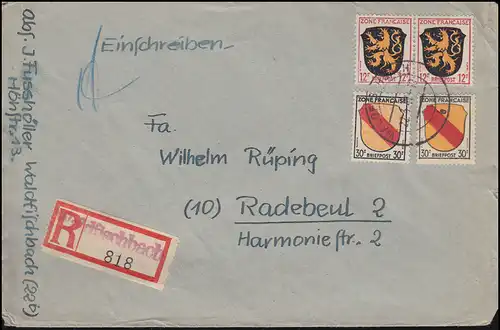 6+10 Wappen-MiF R-Brief Not-R-Zettel WALDFISCHBACH 22.3.1947 nach Radebeul