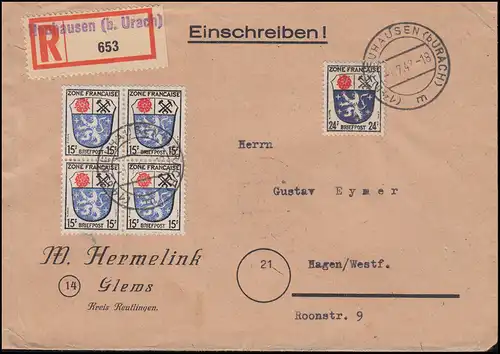 7+9 Wappen MiF R-Brief Not-R-Zettel NEUHAUSEN (b. URACH) 1.7.47 nach Hagen
