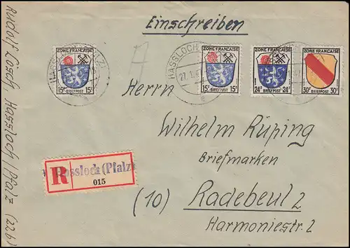 7+9+10 Wappen MiF R-Brief Not-R-Zettel HASSLOCH (PFALZ) 27.1.47 nach Radebeul