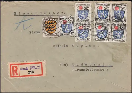 3+7 Freimarken Wappen 5+15 Pf. auf R-Brief URACH (WÜRTT.) 25.3.47 nach Radebeul