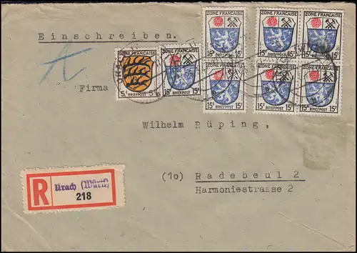 3+7 francs blagues 5+15 pf. sur lettre R URACH (WURTT.) 25.3.47 vers Radebeul