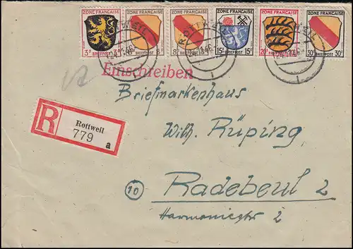 2+4+7+8+10 Freimarken Wappen MiF R-Brief ROTTWEIL 24.11.46 nach RADEBEUL 16.12.