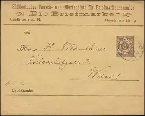 Wurtemberg PS 2 Streifband Le timbre ESSLINGEN-BAHNHOF 27.11.1894