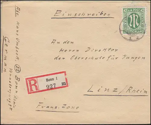 31 AM-Post 42 Pf. als EF auf R-Brief BONN 11.11.1945 nach Linz / Rhein