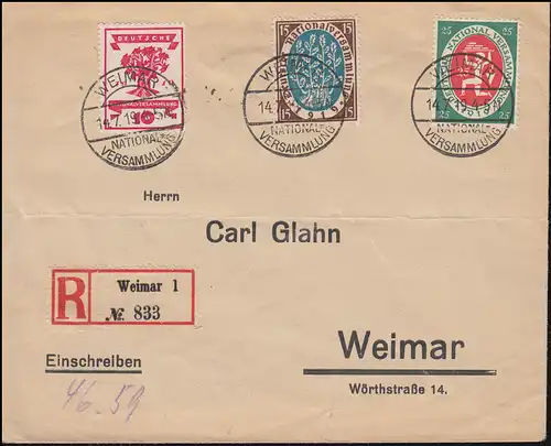 107+108+109 Nationalversammlung Orts-R-Brief WEIMAR-NATIONALVERSAMMLUNG 14.7.19